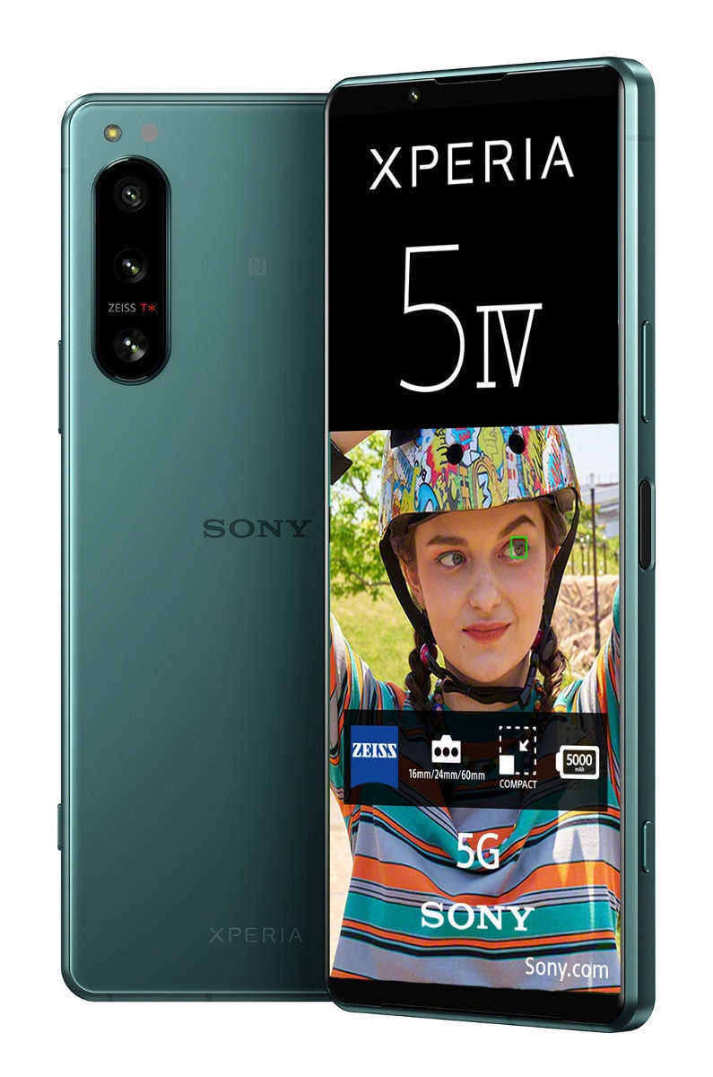 Zielony telefon Sony Xperia z aparatem z potrójnym obiektywem. Wyświetla młodą kobietę w kasku.