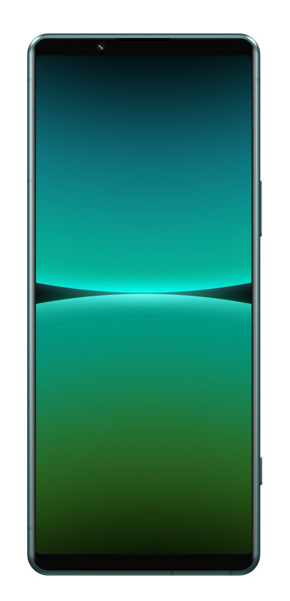 Wysoki, prostokątny smartfon Sony z zielono-niebieskim gradientem na ekranie.