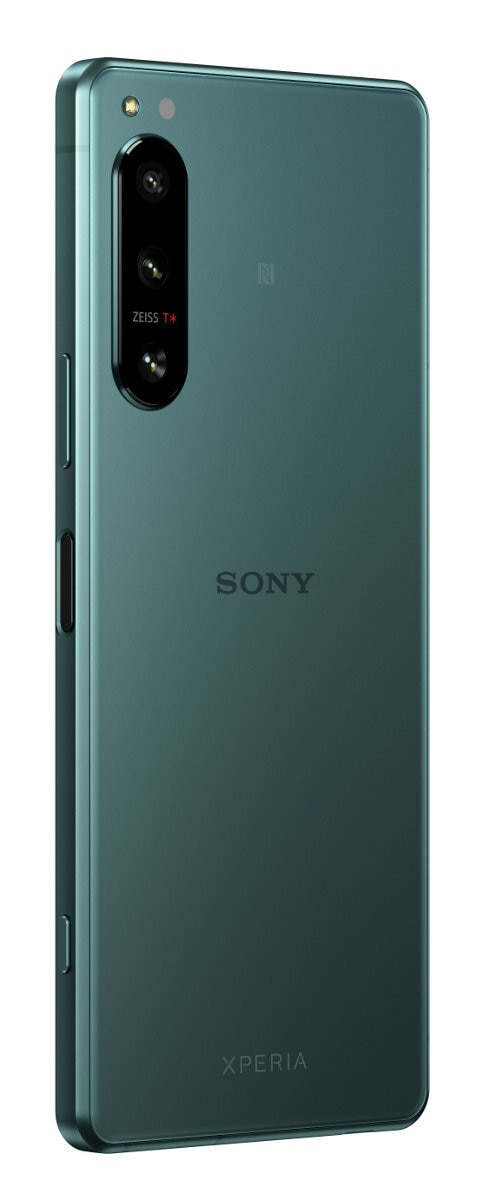 Zielony tył telefonu Sony Xperia, z obiektywami i logo marki.