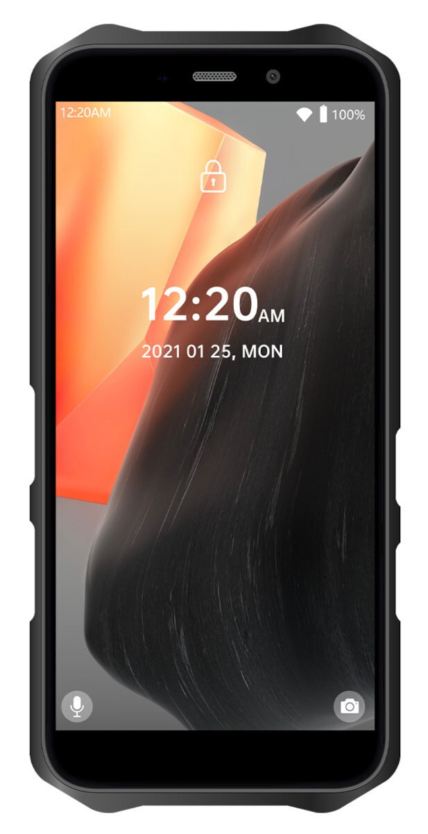 Czarny wytrzymały telefon pokazuje godzinę 12:20 AM i ikonę kłódki. Ekran jest pomarańczowo-czarny.