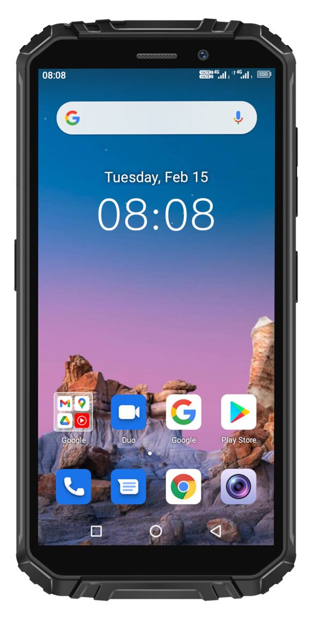 Wytrzymały czarny smartfon wyświetlający ekran główny z różnymi ikonami aplikacji oraz datą i godziną.