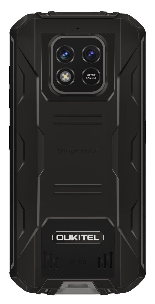Tył czarnego telefonu z aparatami i napisem WATERPROOF.