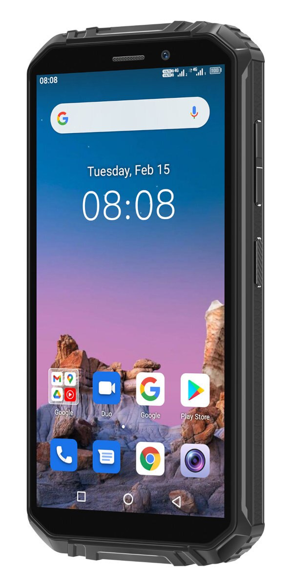 Wytrzymały czarny smartfon wyświetlający ekran główny z ikonami.