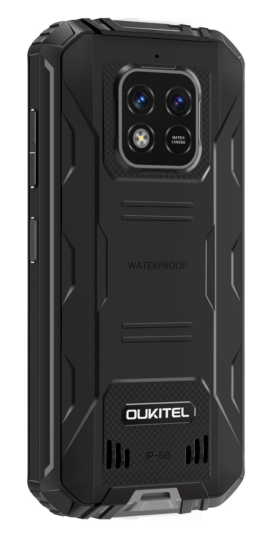 Czarny, wytrzymały smartfon z czterema tylnymi aparatami. Tył telefonu z napisem 'WATERPROOF'.