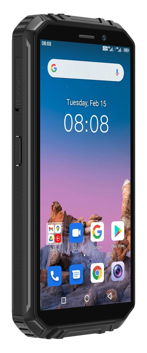 Wytrzymały smartfon, czarna obudowa, ekran z godziną i ikonami aplikacji, wytrzymała konstrukcja.