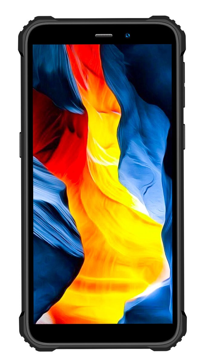 Czarny smartfon z kolorowym wyświetlaczem przypominającym kanion.