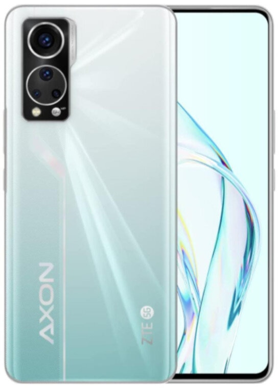 Biały smartfon pokazujący przód i tył, z podwójnym aparatem i ekranem z designem.