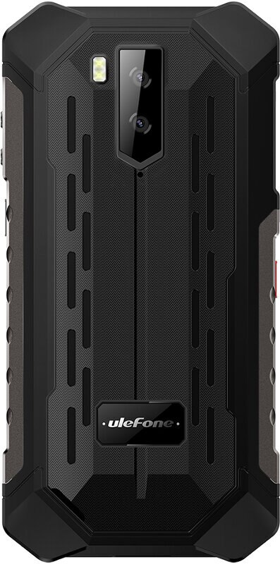 Wytrzymały czarno-szary smartfon z aparatem z dwoma obiektywami. Widoczne jest logo Ulefone.