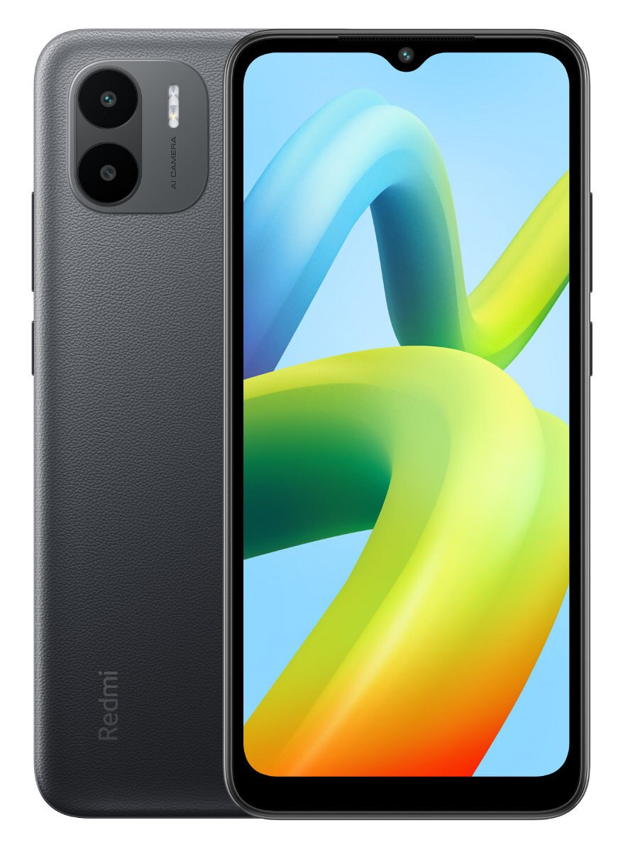 Smartfon Redmi A1. Szary tył, podwójny aparat. Wyświetlacz z niebieskim, żółtym, pomarańczowym abstrakcyjnym wzorem.