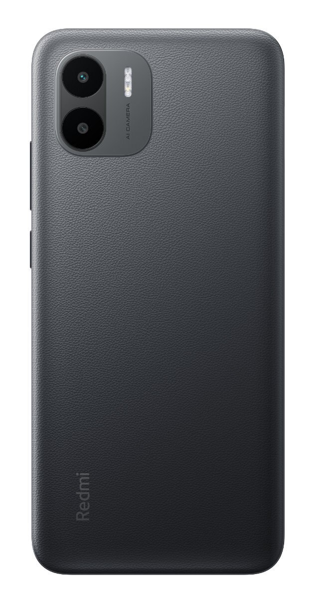 Czarny tył telefonu z dwoma aparatami, tekstem AI i logo Redmi. Szara, teksturowana powierzchnia.