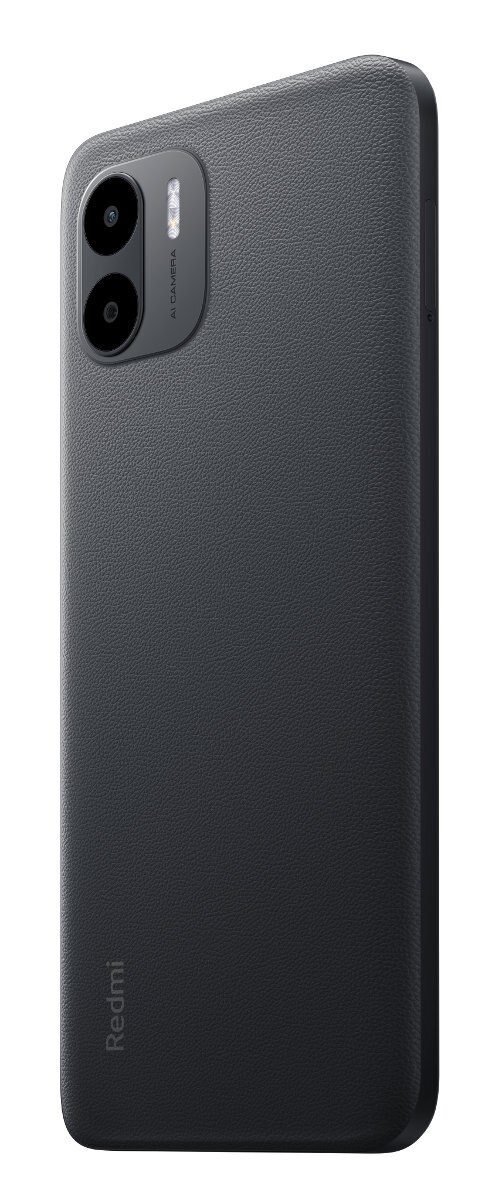Tył czarnego telefonu. Dwa aparaty i lampa błyskowa. Logo Redmi. Ciemnoszara teksturowana powierzchnia.