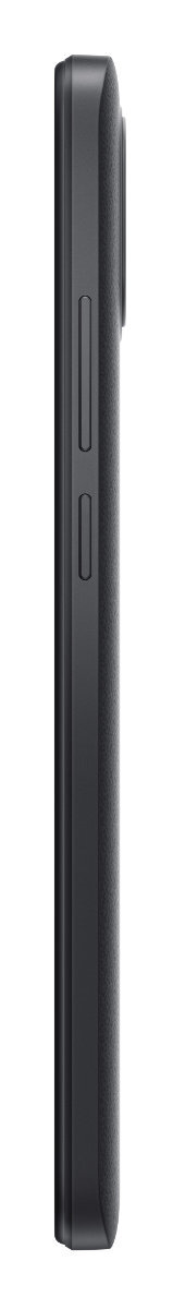 Czarny smartfon z boku, z przyciskami, na białym tle.