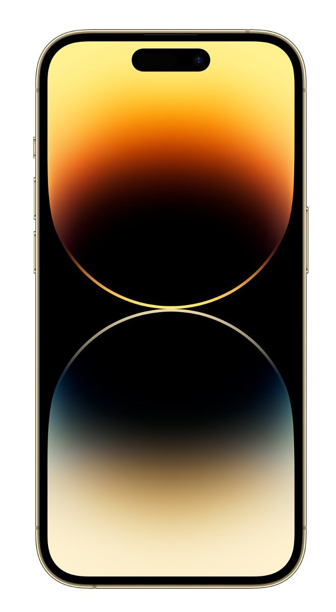 Złoty iPhone na białym tle. Ekran pokazuje gradient złota, czerni i błękitu. Zawiera czarne, podłużne wycięcie na aparat.