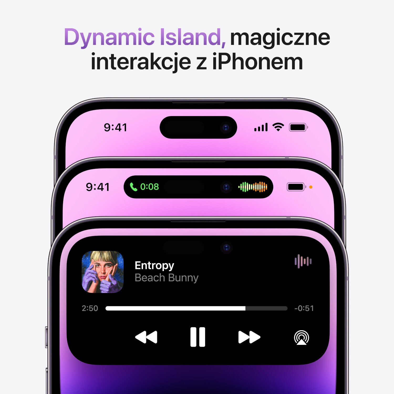 Trzy iPhone'y pokazują funkcje Dynamic Island. Jeden wyświetla czas i sygnał, drugi minutnik, a ostatni kontrolki muzyczne.