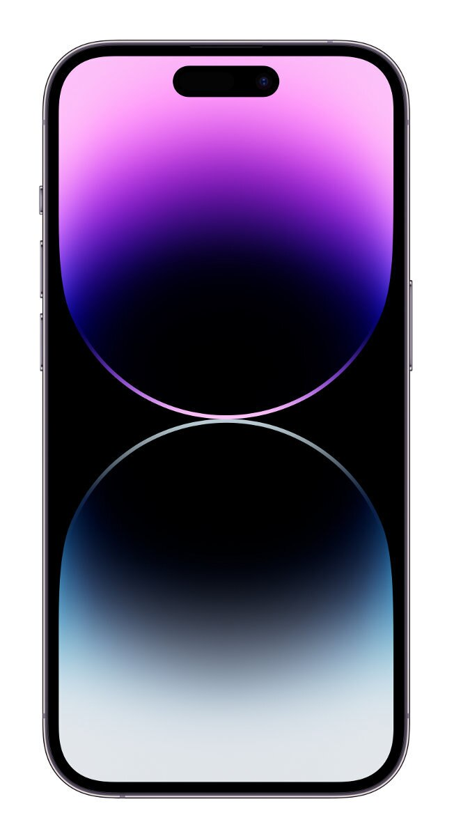 Smartfon z wyświetlaczem gradientowym, przechodzącym od fioletu do czerni, a następnie do błękitu i bieli, na białym tle.