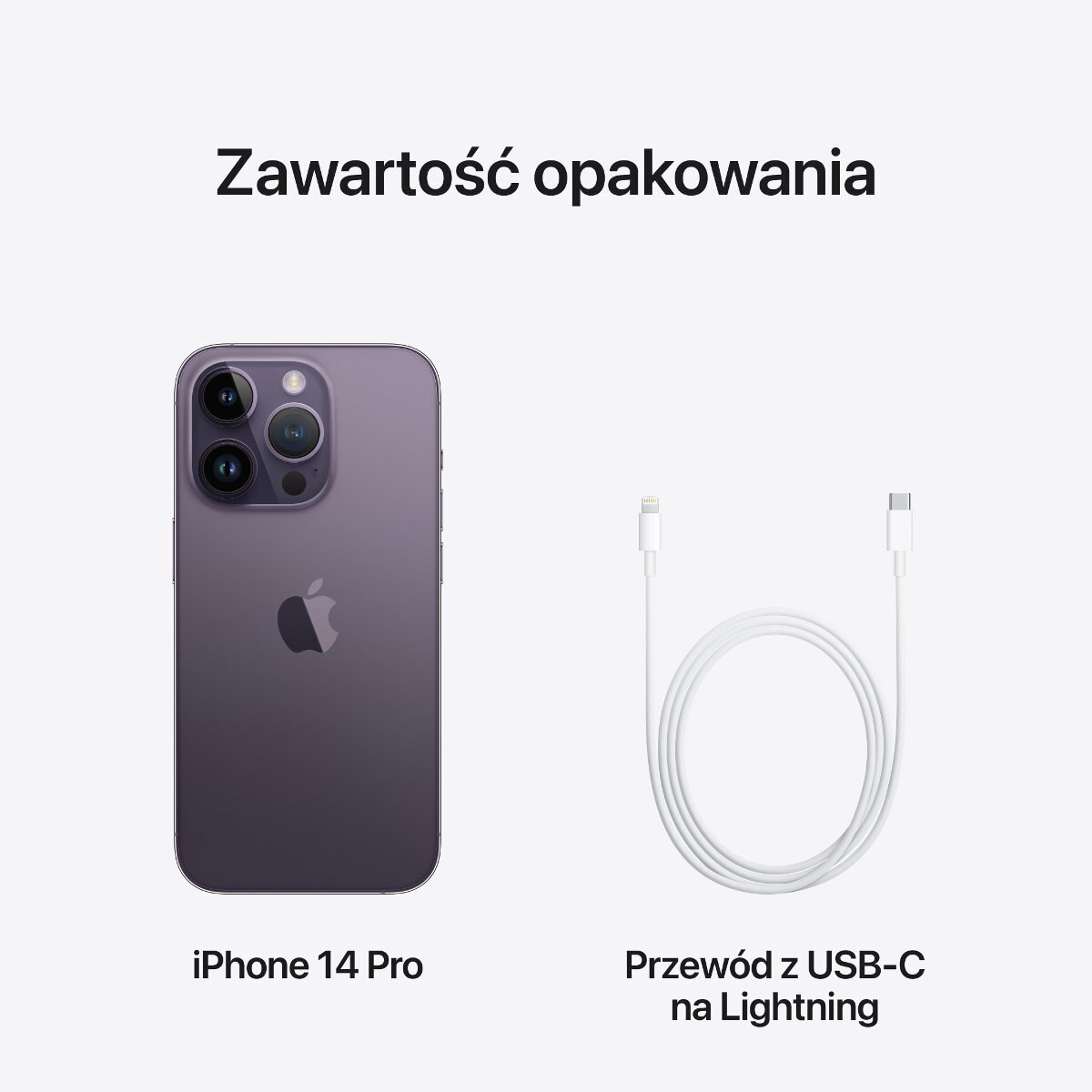 Fioletowy iPhone 14 Pro i biały kabel USB-C na Lightning.