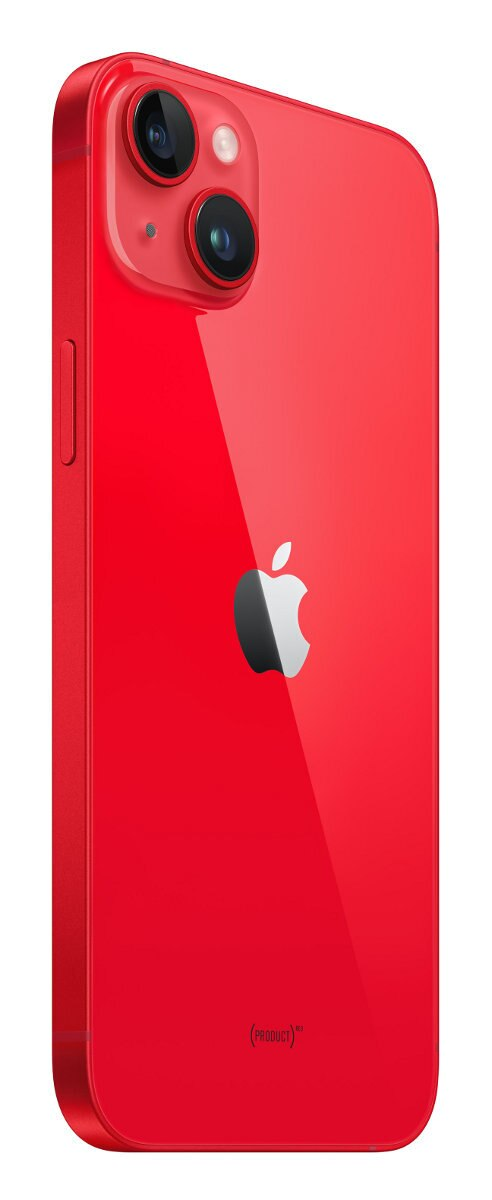 Czerwony iPhone 14, widok z tyłu, potrójny aparat, logo Apple, tekst Product(RED). Białe tło.