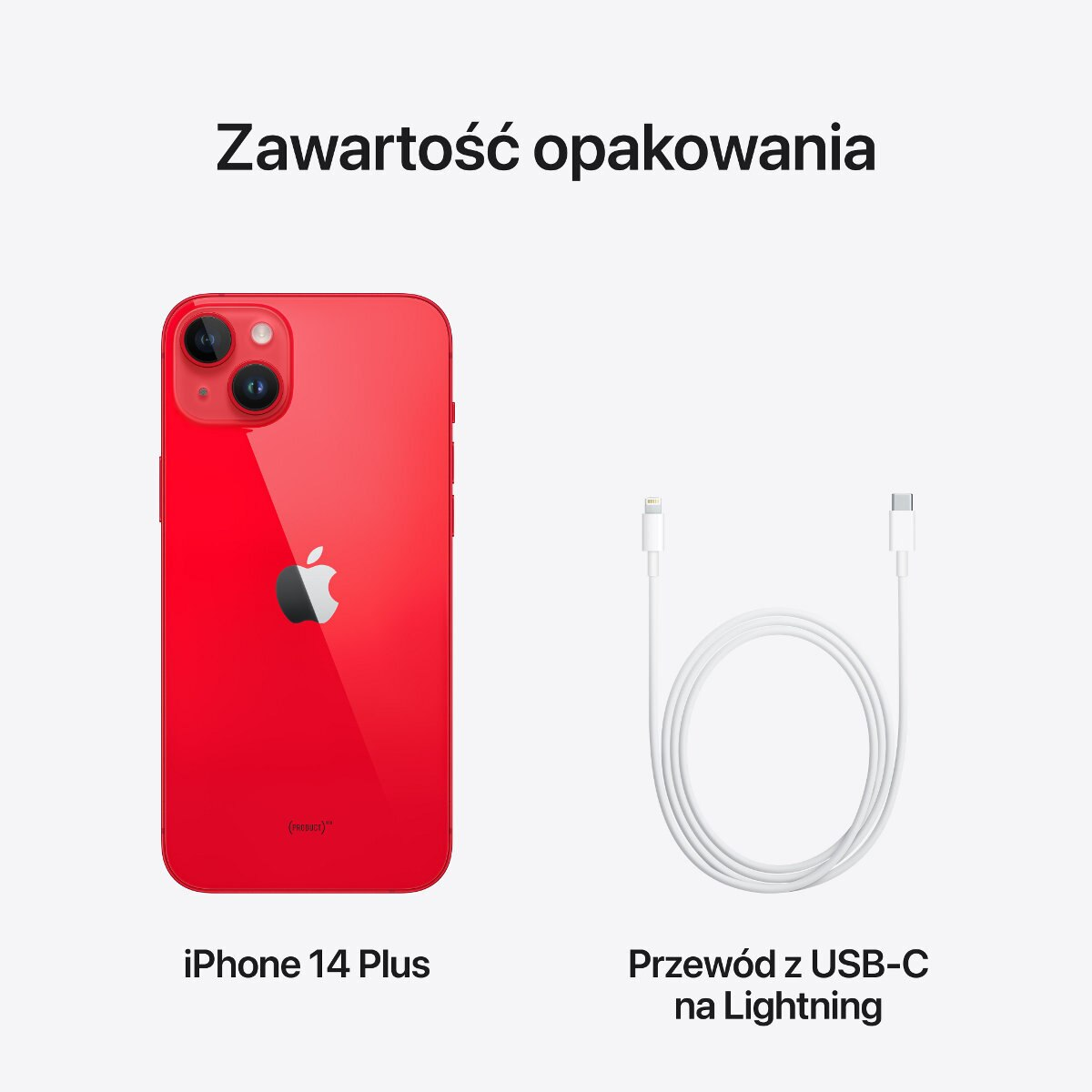 Czerwony iPhone 14 Plus i biały kabel USB-C do Lightning, prezentowane na białym tle.
