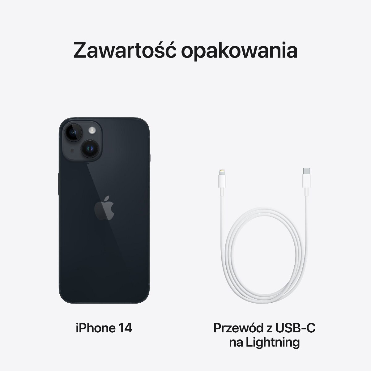 Obraz pokazuje iPhone 14 i kabel USB-C do Lightning na białym tle. Tekst brzmi 'Zawartość opakowania'.
