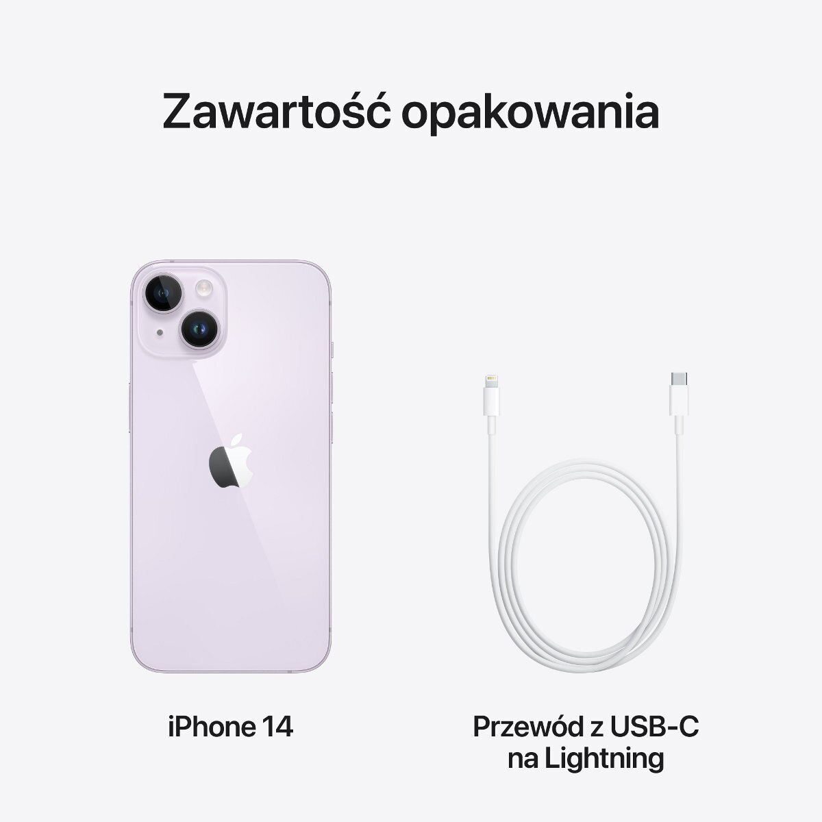 iPhone 14 i kabel USB-C do Lightning na białym tle.