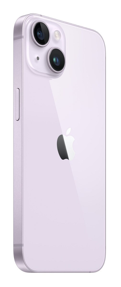 Fioletowy iPhone 14 na białym tle. Widoczne są dwa obiektywy aparatu wraz z logo Apple.
