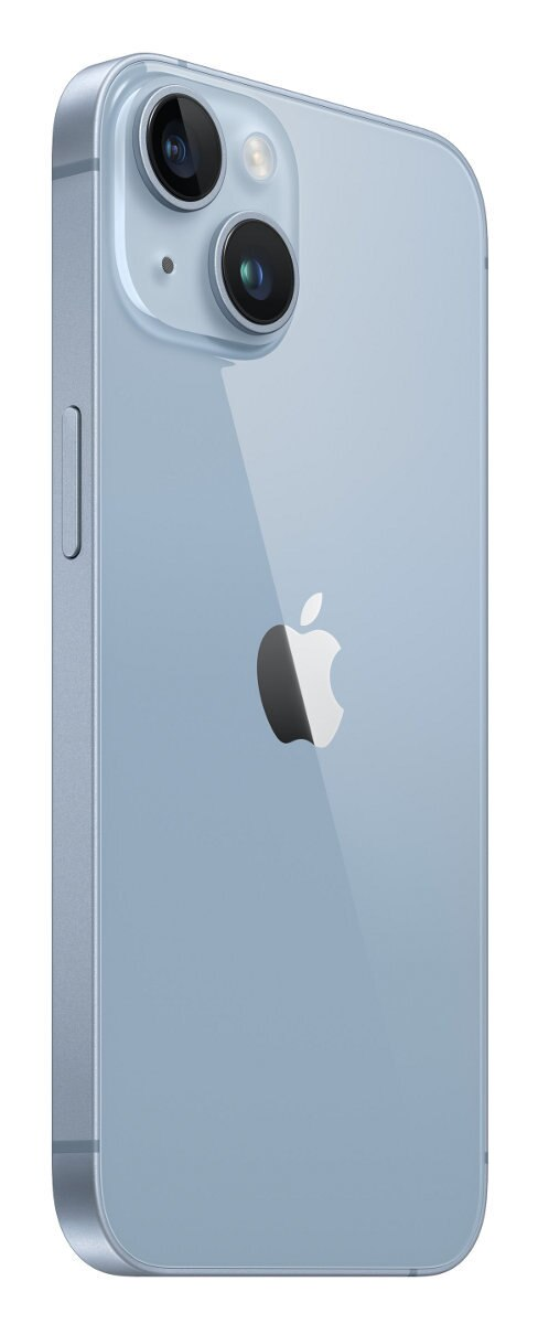 Jasnoniebieski iPhone z podwójnym tylnym aparatem i logo Apple.