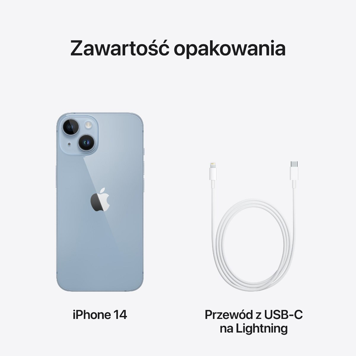 Niebieski iPhone 14 i biały kabel USB-C na Lightning.