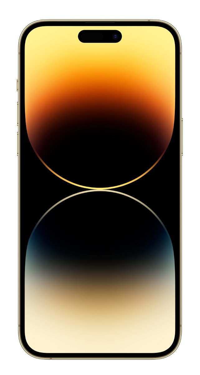 Złoty iPhone z gradientowym wyświetlaczem, przechodzącym od złota do czerni. Telefon ma zaokrąglone rogi i czarny notch.
