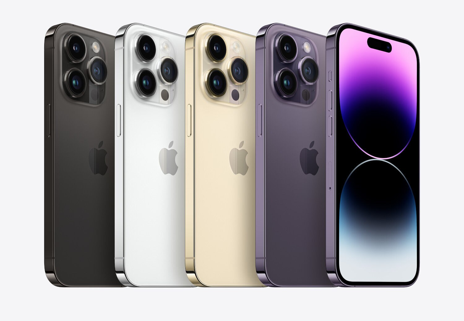Pięć telefonów ustawionych w rzędzie, różne kolory. Logo Apple widoczne z tyłu.