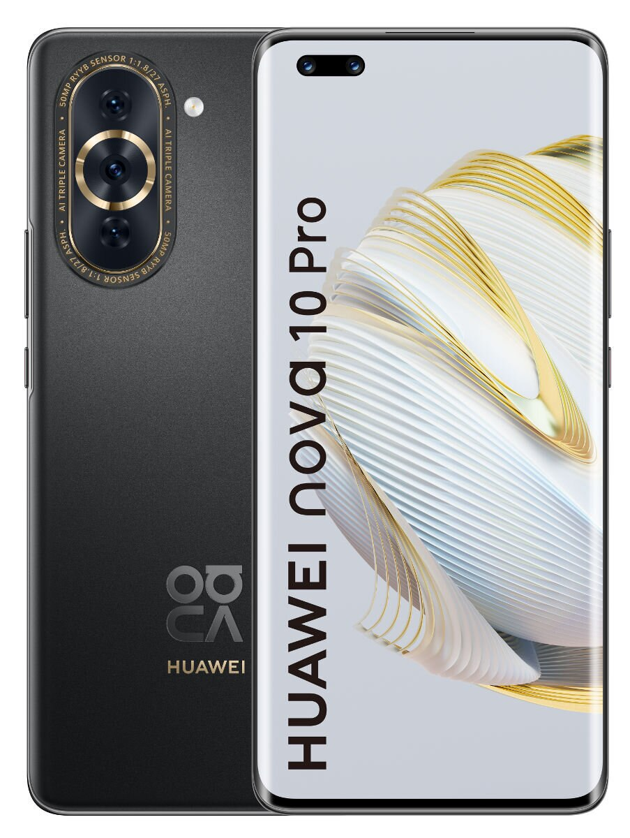 Smartfon Huawei Nova 10 Pro. Czarny telefon z trzema aparatami i biało-złotym wzorzystym ekranem.