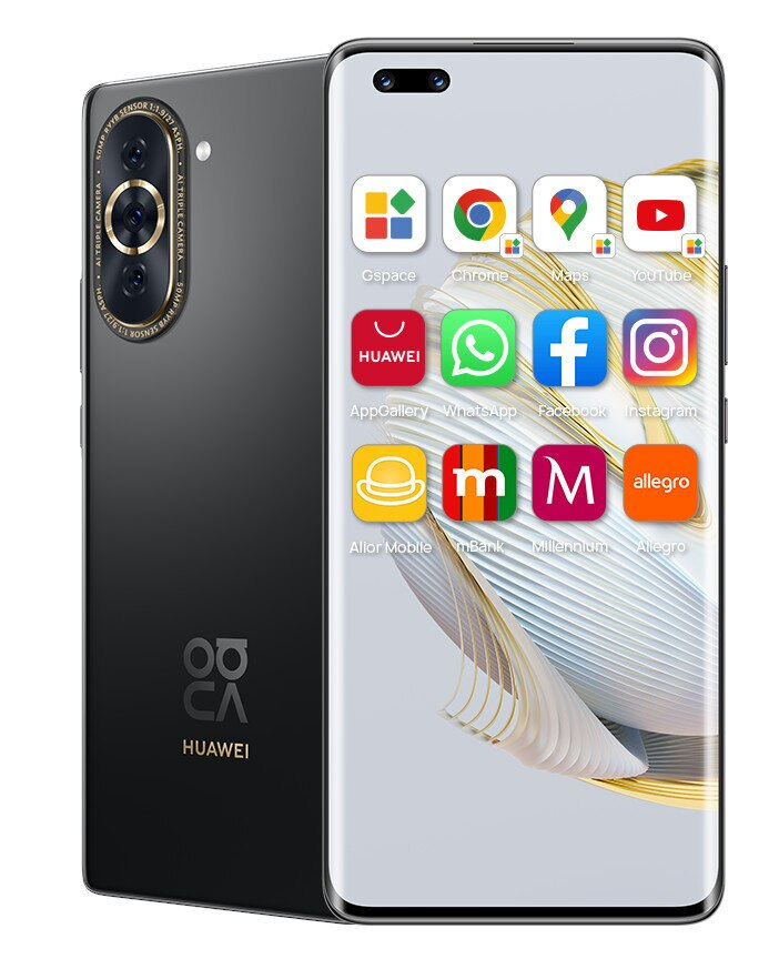 Czarny smartfon z aplikacjami na ekranie, pokazujący tył i przód.