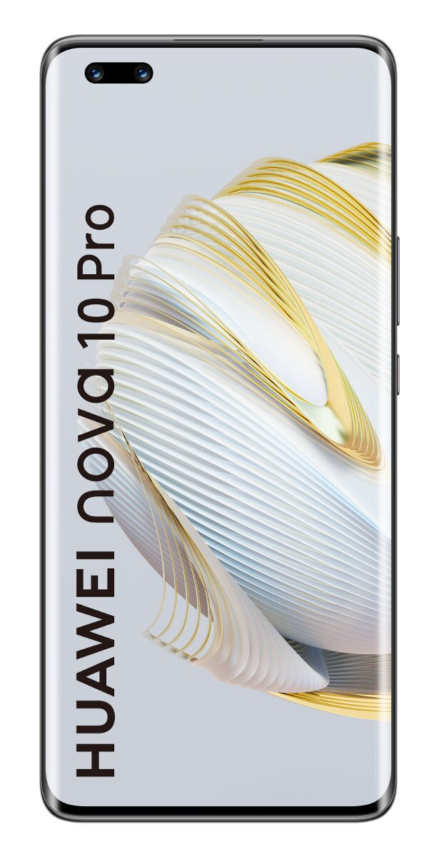 Ekran smartfona wyświetlający 'HUAWEI nova 10 Pro' w białym i złotym wzornictwie.