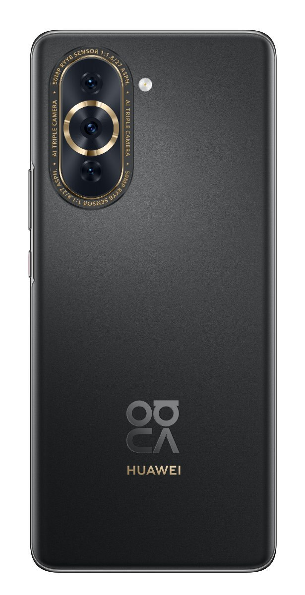 Czarny telefon z potrójnym aparatem i złotym pierścieniem.