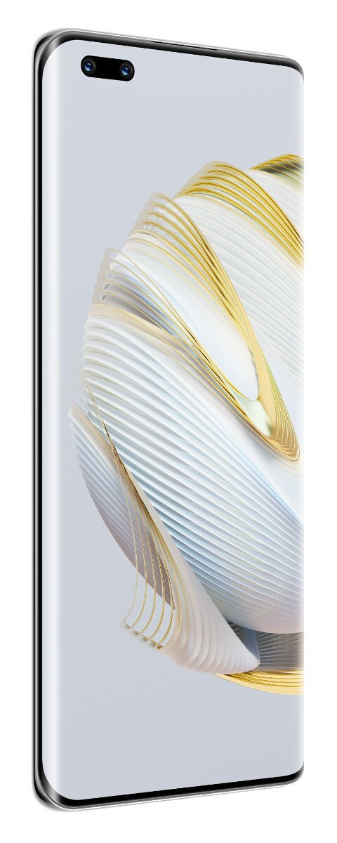 Biały smartfon z zakrzywionym ekranem. Złoty i biały abstrakcyjny wzór na wyświetlaczu.