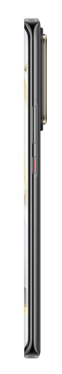 Widok z boku smartfona. Czarny ze złotym modułem aparatu. Widoczne przyciski głośności i zasilania.