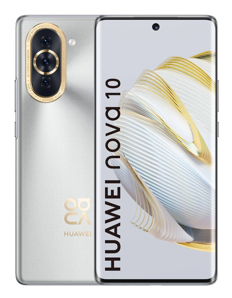 Srebrny telefon Huawei Nova 10 z potrójnym aparatem i ekranem z tekstem HUAWEI Nova 10.