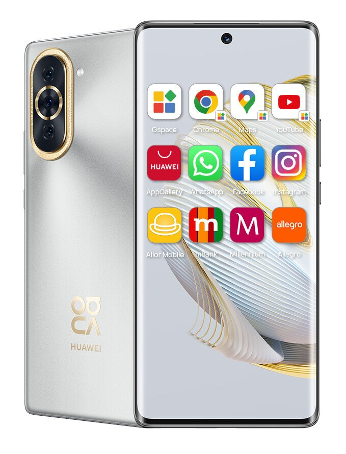 Srebrny telefon z aplikacjami na ekranie. Złota ramka otacza moduł tylnej kamery.
