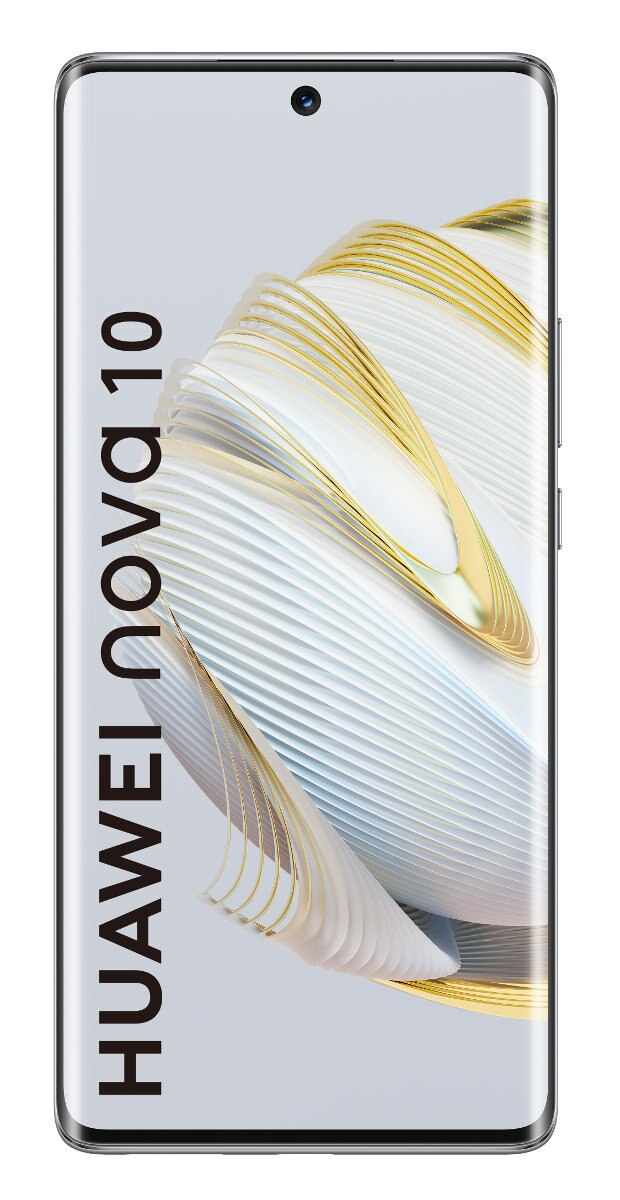 Smartfon ze słowami HUAWEI nova 10. Ekran pokazuje biało-złoty wzór.