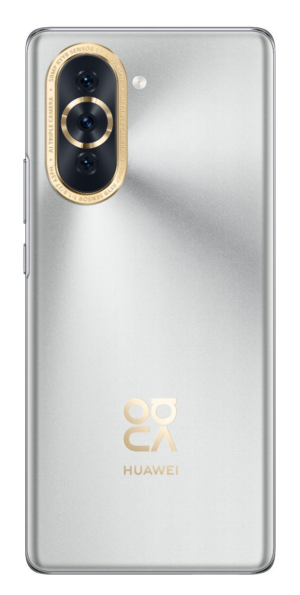 Tył srebrnego telefonu Huawei ze złotymi detalami aparatu i logo Huawei.