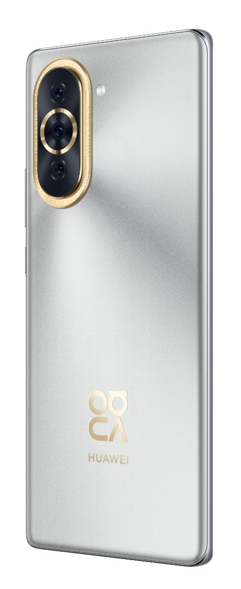 Srebrny tył telefonu ze złotym pierścieniem aparatu i logo Huawei.
