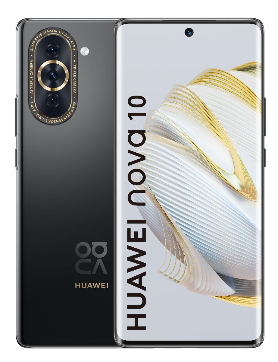 Smartfon Huawei Nova 10, czarny z potrójnym aparatem i przednim aparatem.