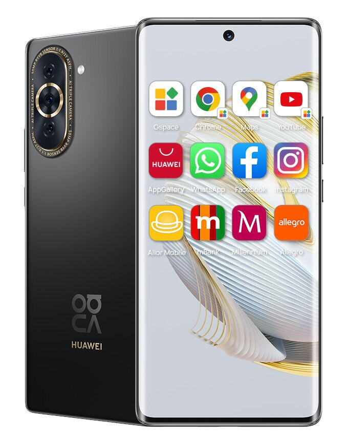 Czarny telefon z ikonami aplikacji i logo Huawei.