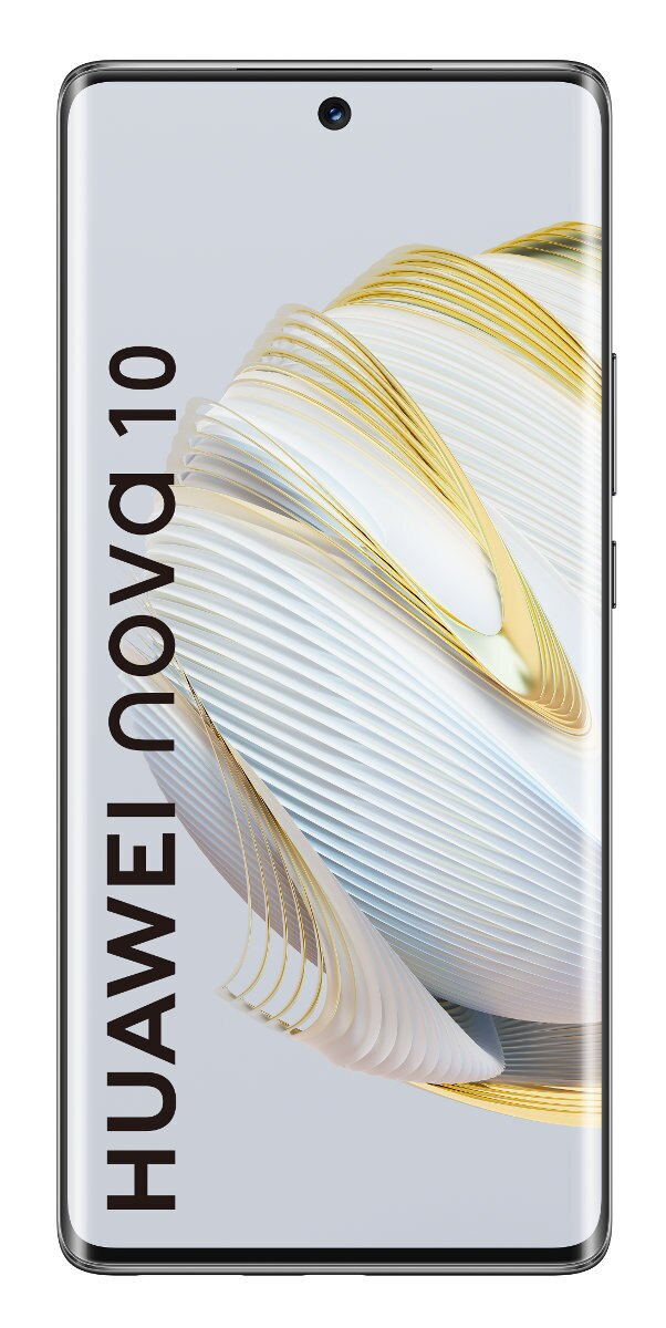 Ekran smartfona wyświetla tekst "HUAWEI nova 10" z falistym tłem.