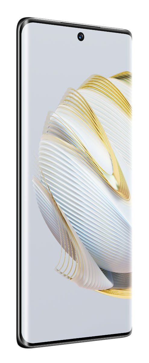 Widok z boku telefonu Huawei z ekranem wyświetlającym biało-złoty abstrakcyjny wzór. Tło jest białe.