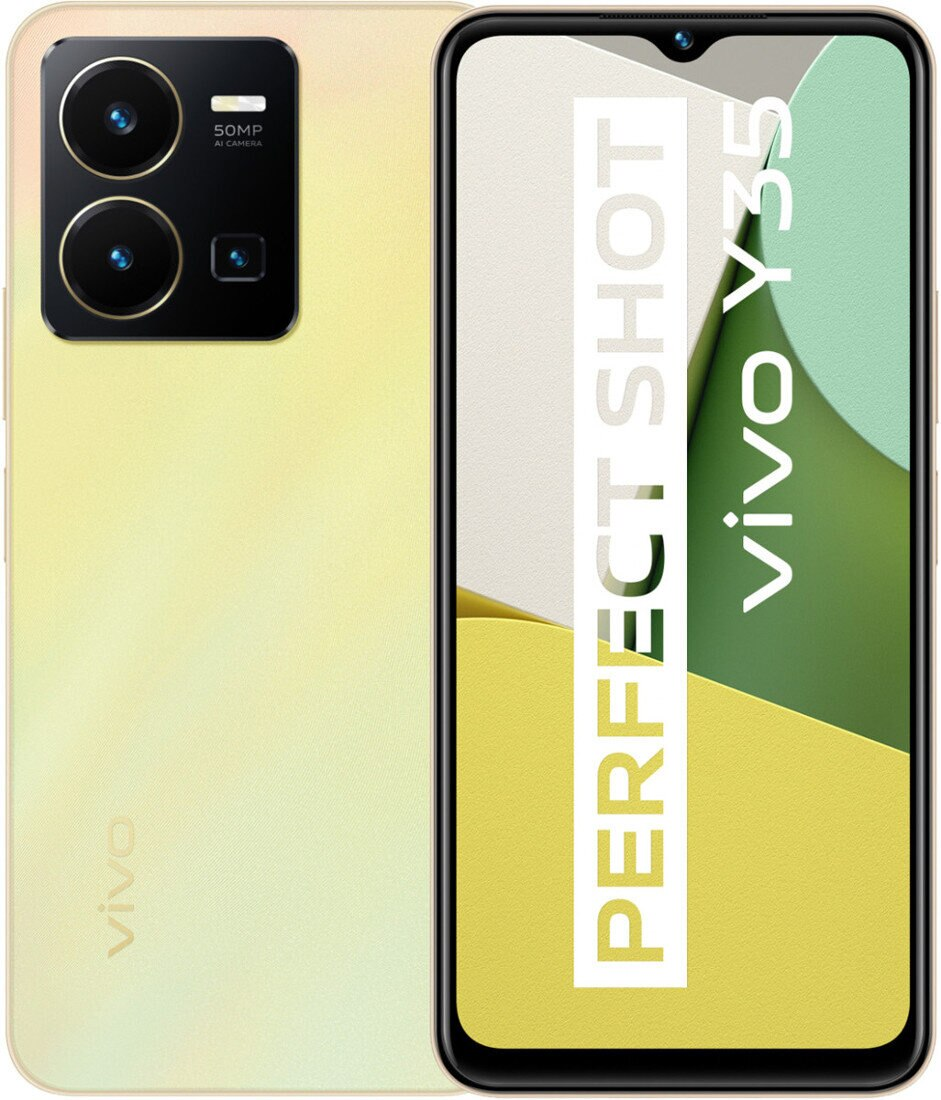 Żółty smartfon Vivo Y35. Pokazuje tył z aparatami i ekran z tekstem.