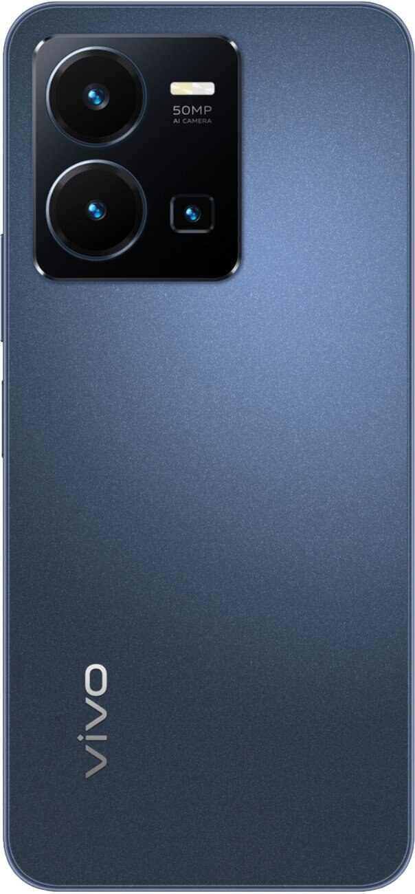 Niebieski tył smartfona z podwójnym aparatem, lampą błyskową i logo 'vivo'.
