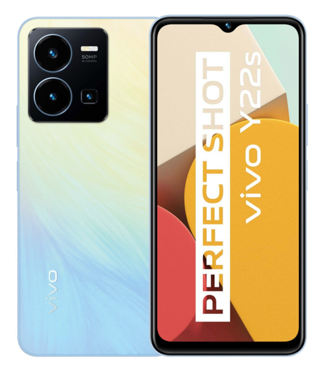 Telefon Vivo Y22s. Biało-niebieski tył, czarny przód. Tekst: Perfect Shot.