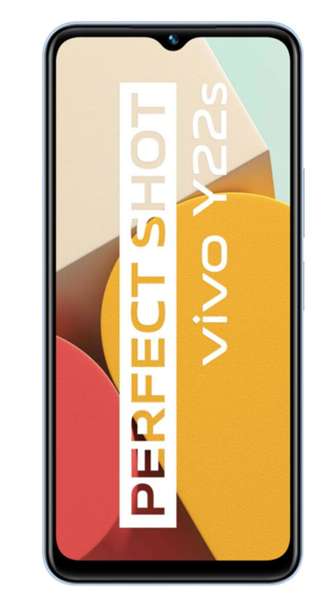 Telefon ze słowami "PERFECT SHOT" i "vivo Y22s" na wyświetlaczu, z niebieską ramką.