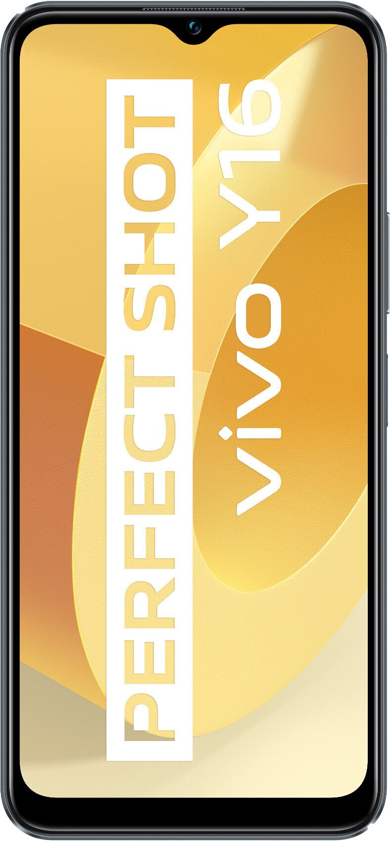 Czarny telefon z tekstem 'PERFECT SHOT vivo Y16'.