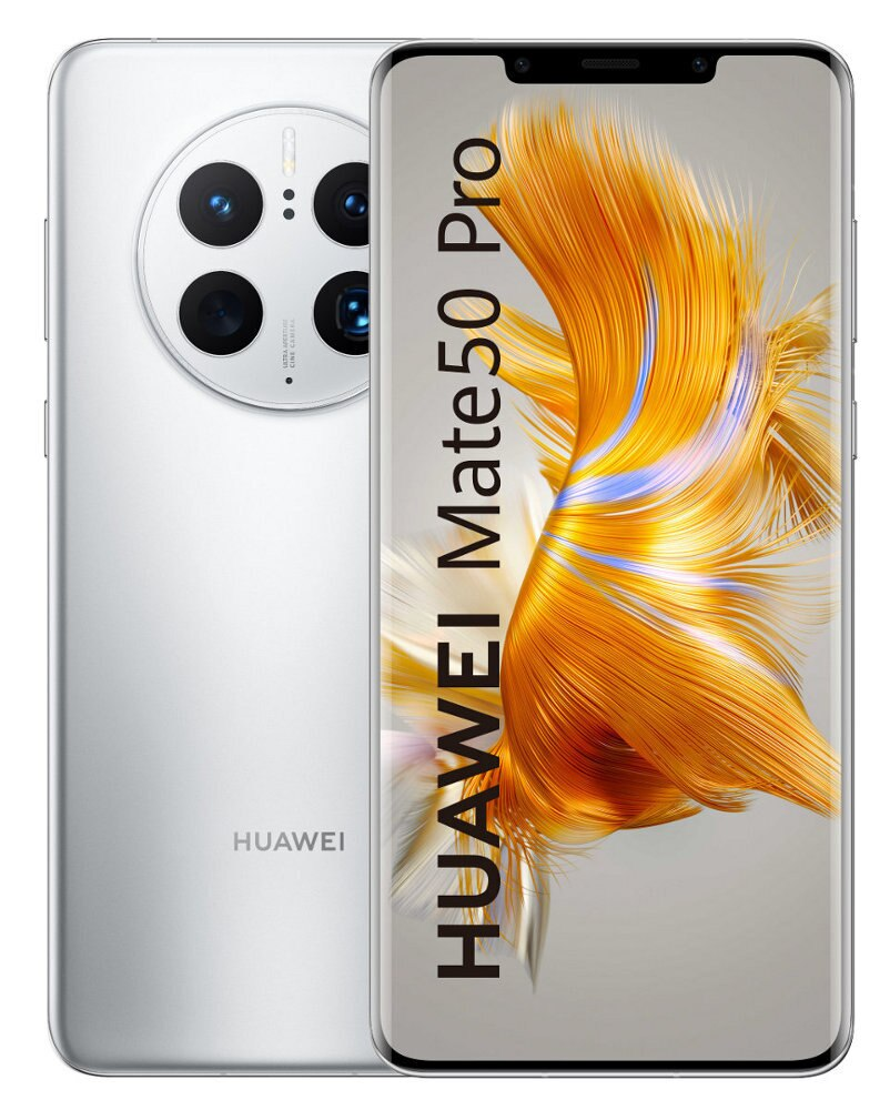 Biały smartfon Huawei Mate50 Pro. Posiada moduł tylnej kamery i duży ekran.